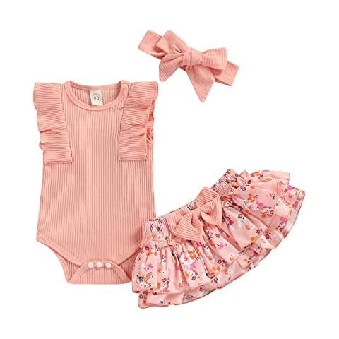 Baby Girl Summer Clothes Baby Girls Outfits Ruffle Sleeveless Ribbed Romper Floral Shorts Sets+Headband Newborn Clothes (A Pink,12-18 Months) Cover