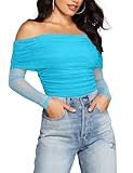 Picture of SAUNGKUAI Women's Off The Shoulder Long Sleeve Bodysuit Sexy Slimming Body Suit Tops Sheer Mesh Ruched Fall Outfits 2026 Aquamarine S