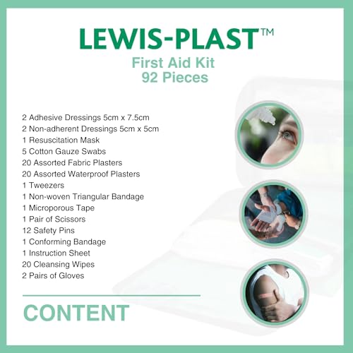 Lewis-Plast Premium 92 Piece First Aid Kit - Safety Essentials for Travel, Car, Home, Camping, Work, Hiking & Holiday Red , Small - Image 5