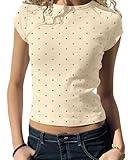 BAIGRAM Women Cute Polka Dot Jersey Short Sleeve Crop Tshirt Y2K Aesthetic Teen Round Neck Slim Baby Tee Shirt Going Out Tops Cream