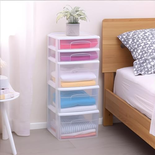 HOMZ 5-Drawer Storage Cart, Clear Plastic Drawers, 14.25\" Wide Medium, White Frame - Organizing Drawer Containers for Home, Bathroom, Bedroom, Office, and Classroom