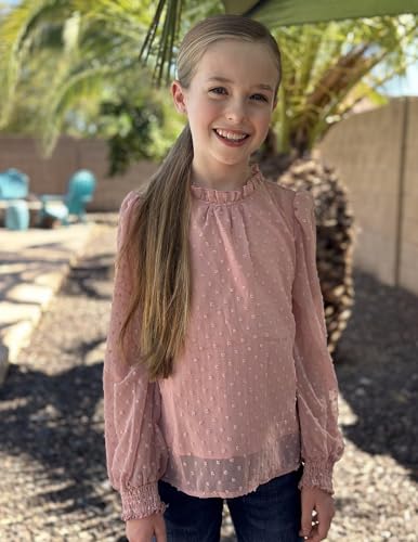Image of Arshiner Girls Long Sleeve Shirts Chiffon Blouses Swiss Dot Frill Neck Top