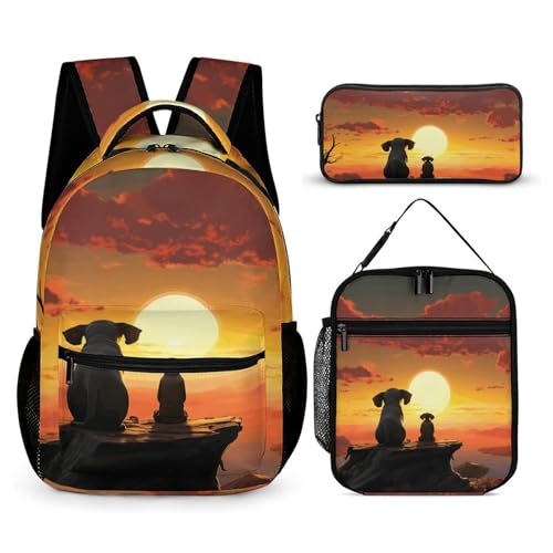 Elephant And Dog Watch The Sunset Backpack Set 3 Piece, Durable Backpack Insulated Lunch Bag Portable Pencil Case for Men Women