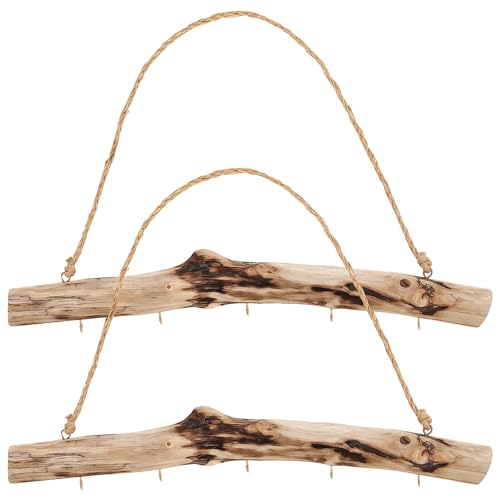 Toyosport 2 Pcs Natural Driftwood Wall Jewelry Organizer, Unique Driftwood Decor Hanger with 5 Metal Hooks, Boho Wall Mounted Key Rack