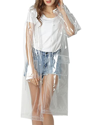 Reusable EVA Rain Poncho for Adults Unisex Men and Women with Hood Long Transparent Raincoat transparent XL