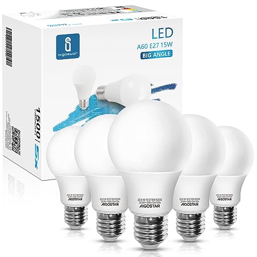 Aigostar   15W Bombilla LED A60, casquillo gordo E27, luz blanca fría 6500K, 1500 lúmenes, ángulo de apertura 280º, CRI> 80. No regulable. Caja de 5 unidades