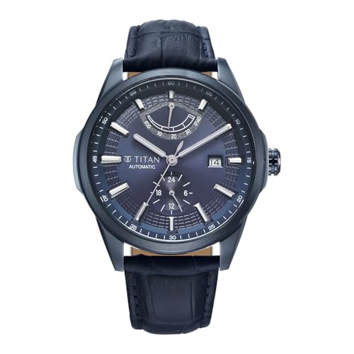 Image of Titan Aion Concealed Automatic Analog with Power Reserve Indicator and Blue Dial Blue Leather Strap Watch for Men - 90224QL01
