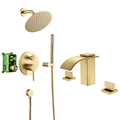 S3223Bgi Brushed Gold Shower System + S1408Bgw Waterfall Widespread Bathroom Faucet #TOP22