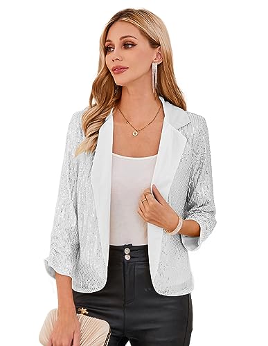 GRACE KARIN Damen Offene Blazer Business Casual Cropped Blazerjacke 3/4 Ärmel kurz Leicht Jacke Mantel Strickjacke Cardigan 2XL Silber Weiß CL2577A23-02