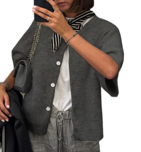 Image of Women Lightweight Knitted Cropped Cardigan Shirt Short Sleeve Button Down Sweater Y2k Open Front Loose Ribbed Shirt