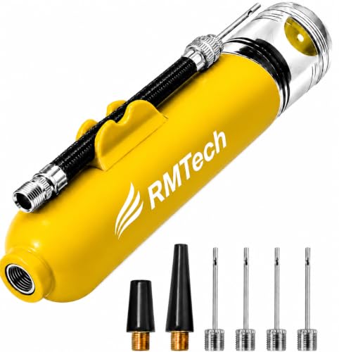 Image of RMTech Dual, Action Sports Ball Pump Kit – Portable Two-Way Hand Air Pump with Flexible Hose & Needles – Professional Inflator for Basketball, Football, Soccer & Other Sports Balls. (Yellow)