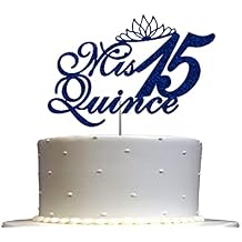 Mis Quince 15 Quinceanera Glitter Cake Toper ، خمسة عشر أفكارًا لزينة عيد ميلاد ، زخرفة عالية الجودة ، لمعان متين متين ، عصا أكريليك. صنع في الولايات المتحدة الأمريكية الأزرق