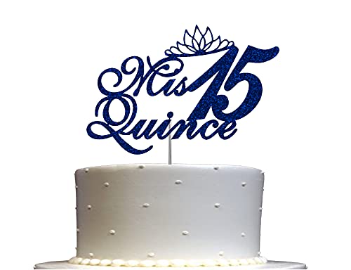 Mis Quince 15 Quinceanera Glitter Cake Topper, Fifteen Birthday Party Decorations Ideas, Premium Quality Decoration, Sturdy Doubled Sided Glitter, Acrylic Stick. Made in USA (Blue)
