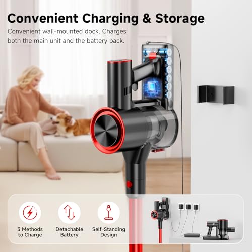Clinkal Cordless Stick Vacuum Cleaner, 40Kpa Powerful Suction Vacuum Cleaner with LED Headlight, Detachable Battery, 8-in-1 Lightweight Handheld Vacuums for Pet Hair Carpet and Hardwood Floor, Red - Image 9