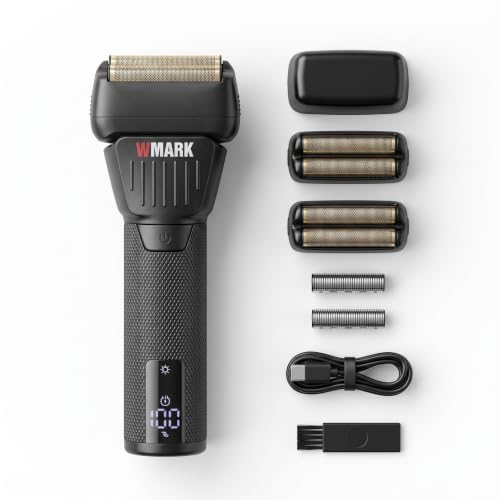 WMARK Barbeadores elétricos de alumínio para homens, barbeador elétrico para homens, sem fio, motor de alta velocidade 9000 RPM, revestimento de titânio, 2 lâminas flutuantes, visor LED, lâmina IPX6 à