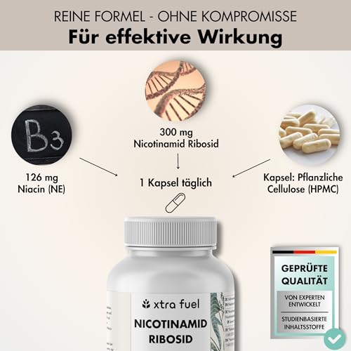 Nicotinamid Ribosid - NAD+ Vorstufe - 120 Kapseln (hochdosiert) - 300mg Nicotinamid Ribosid (NR) pro Kapsel - vegan + laborgeprüft - deutsches Unternehmen