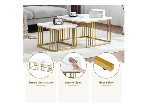 Image of Square Nesting Table Set of 2 for Living Room, Room Decoration Item for Bedroom, Coffee & Side Table with Marble MDF White Top and Iron Base (White Gold)