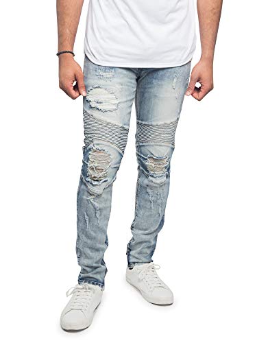 Victorious Men's Distressed Skinny Slim Fit Moto Biker Denim Jeans Dl1225 - Light Indigo - 34/32 - J8E #TOP19