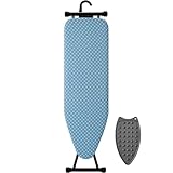 BKTD Compact Ironing Board 13 x 43, Iron Board with Heat Resistant Surface, Adjustable Height, Space Saving Table with Hook & Iron Rest for Home & Laundry Room, Diagonal Checkered Blue