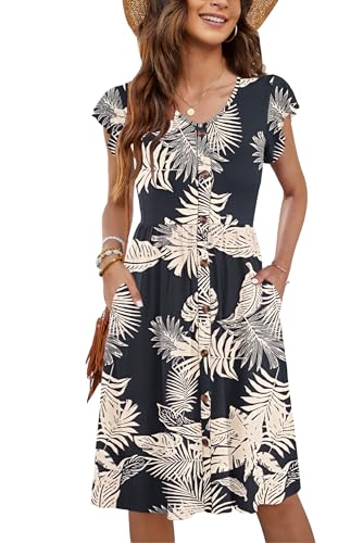 MOLERANI Women Summer Dresses V Neck Ruffle Sleeve Casual Swing Elastic Waist Midi Dress with Pockets Froest Leaf L