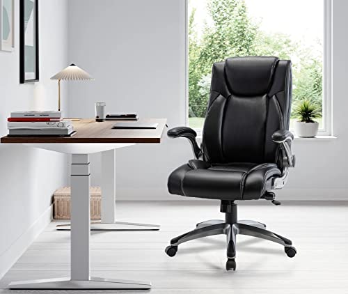 Colamy Executive Office Ergonomic Chair With Flip-Up Armrests, High Back Adjustable Height, Tilt And Built-In Lumbar Support For Comfort, 250Lbs, Thick Bonded Leather Black #TOP13