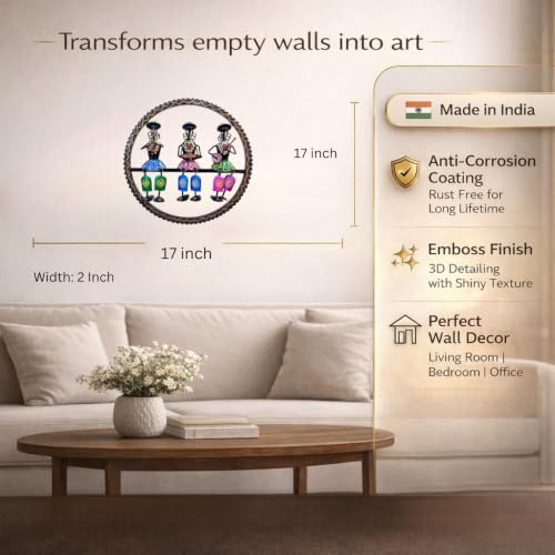Image of Bharat Art Cap Lady in Ring Metal Wall Art | Tribal Musician Iron Wall Hanging Decor | Handmade Ethnic Round Wall Sculpture for Living Room Bedroom Office Hotel | Size 17 x 02 x 17 Inch | SKU W332 A