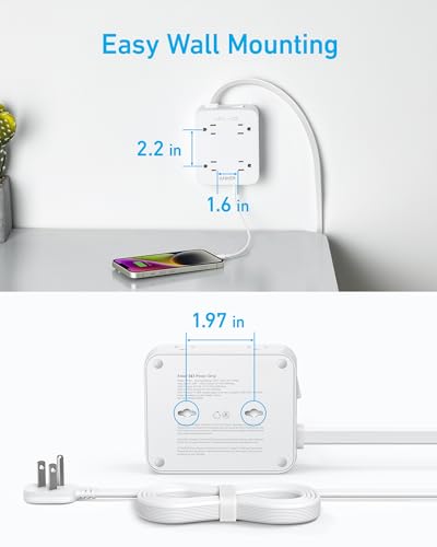 Anker Surge Protector Flat Plug Power Strip 2000J, 5ft Thin Extension Cord, 8 Outlets,2 USB A and 1 USB C Port,20W for iPhone15,Wall Mount,Compact for Home,Office,Room,TUV Listed