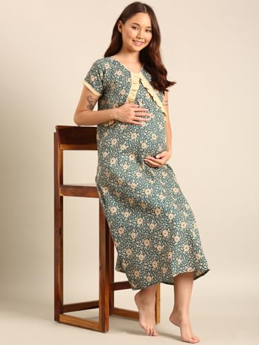 Image of Rupa Jon Aishwarya Women Full Length Maternity Night Dress in Cotton Blend Fabric, Maxi Nighty, Pregnancy Night Dress for Nursing, Pre and Post Pregnancy