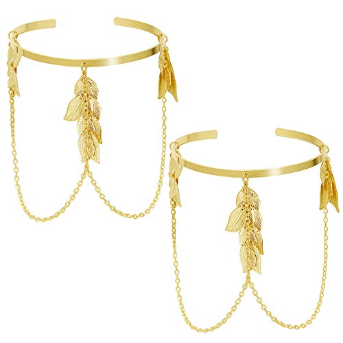Rechicgu Gold 2 Pieces Leaf Feather Chain Tassels Bracelet Arm Cuff Band Open Upper Armband Armlet Adjustable Set Jewelry #TOP26