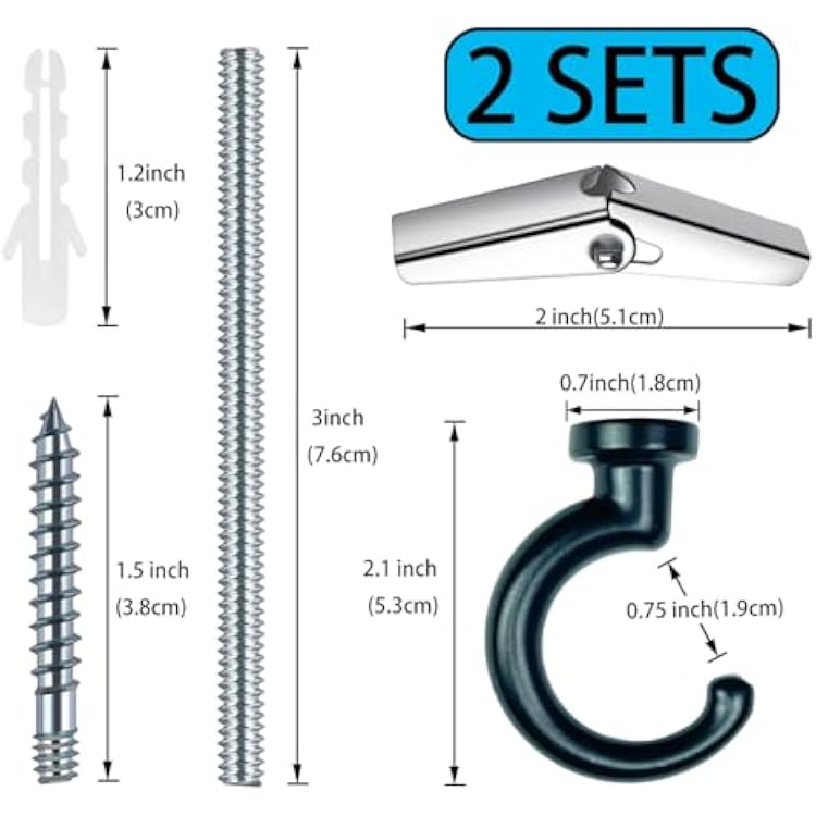 Large Swag Ceiling Hooks Heavy Duty Swag Hook with Hardware for Hanging Plants Ceiling Installation Cavity Wall Fixing (2 Sets, Black)