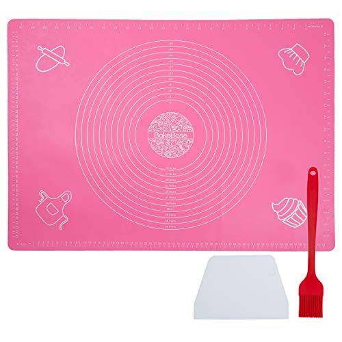 Large Silicone Pastry Mat with Measurements Extra Thick Nonstick Baking Mat for Rolling Dough with Scraper and Brush Bread Pizza Pie Fondant Crust Mat Counter Mat 28 x 20 Pink