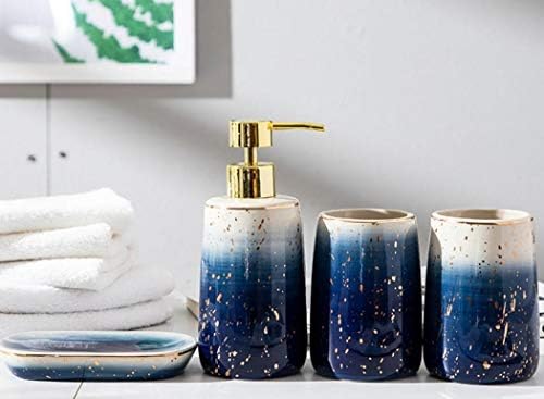 Ceramics Bathroom Accessories Set, 4 Piece Marble Bathroom Countertop Accessory Set Home Decor Accessories with Soap Dispenser, Toothbrush Holder, Bathroom Tumbler, Soap Dish