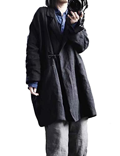 NFYM Women's Casual Linen Jacket Mid Length Lapel Blazer Open Front Long Sleeve Cardigan Black Trench Coat2