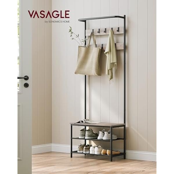 VASAGLE Вешалка для одежды, 9 съемных крючков, 32,2 x 64 x 180 см, индустриальный стиль, для прихожей, спальни, цвет: серый/черный HSR411B02