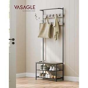 VASAGLE Hall Tree with Bench and Shoe Storage Entryway Bench with Coat Rack Stand and Shoe Rack 9 Movable Hooks Top Bar Fabric Shelves Industrial Greige and Black UHSR411B02