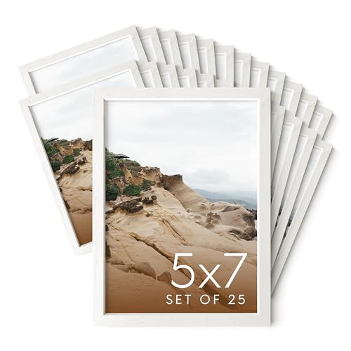 Haus and Hues 5x7 Natural White Wood Photo Frame Set of 25 - Mini Picture Frames Bulk Gallery Set - Premium Bulk Picture Frames 5x7 for Stylish Photo Gallery Wall Frame Set - Ideal for Home & Office