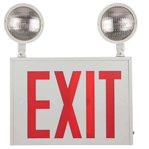 Diodesy- Red Exit Sign Combo with Emergency LED Light Two Adjustable Head Lamps and Battery Backup 90-Minute 4.5W 200LM White Steel Housing Commercial Grade Fire Resistant for Business Damp Location
