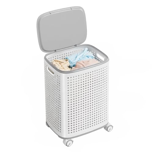 M.J COMFY-LIFE Laundry Basket with 360 Wheels and Lid Large Rolling Clothes Hamper with Built-in Storage Basket Ventilated Design for Laundry Room Bathroom Bedroom (Without Sidebar)