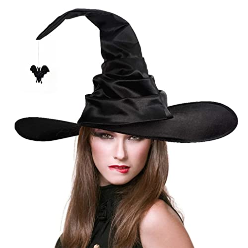 Halloween Witch Hat Pleated Wizard Cap Elegant Witches Costume Accessories Witch Cap with Bat Pointed Wizard Hats Wide Brim Witches Hat for Women Girls Halloween Party Carnival Cosplay Fancy Dress - Image 2