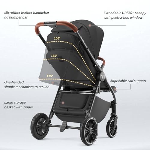 Image of Tinyiota Stroller for Babies,Toddler Strollers with Large UPF 50+ Canopy,Luxury Baby Stroller with Leather Handle & Spacious Seat, One-Hand Foldable Pushchair,Baby Carriage with Lie-Flat Mode(Black)