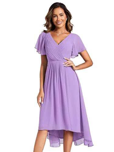 Image of Ever-Pretty Women's Formal Wedding Guest Dress V-Neck Ruffle Sleeve Chiffon Gown with Flowy High-Low Hem in Bridesmaid Prom Lavender 10