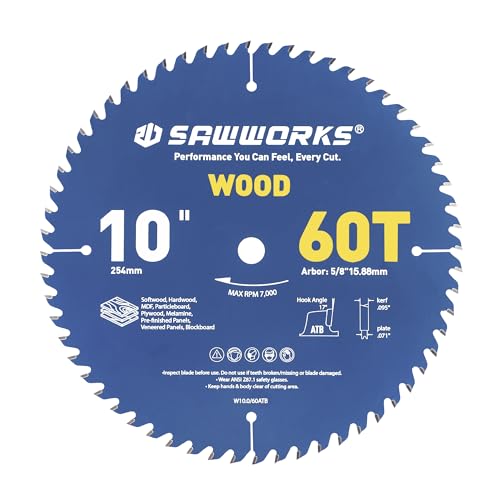 SawWorks 10 Inch 60T Circular Saw Blade ATB Carbide Tipped, Precision Fine Finish Wood Cutting Saw Blade with 5/8" Arbor for Table Saws & Miter Saws