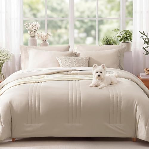 Image of Monbix Oversized Queen Comforter Set - 7 Pieces Apricot Beige Bed in a Bag Oversized Queen Bedding Sets with Comforters, All Seasons Comforter Bed Set with Sheets,Pillowcases & Shams