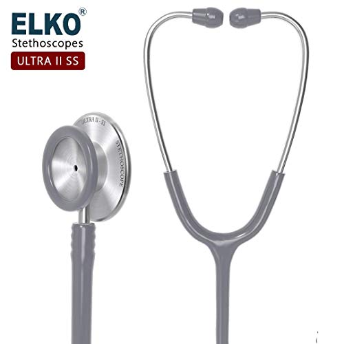 Image of ELKO EL-140 ULTRA II SS Stainless Steel Acoustic Stethoscope | For Doctors, Medical Students & Healthcare Professionals | Dual Head Chestpiece | 5.5mm Brass Pipe Frame | U-Shaped PVC Tubing (Grey)