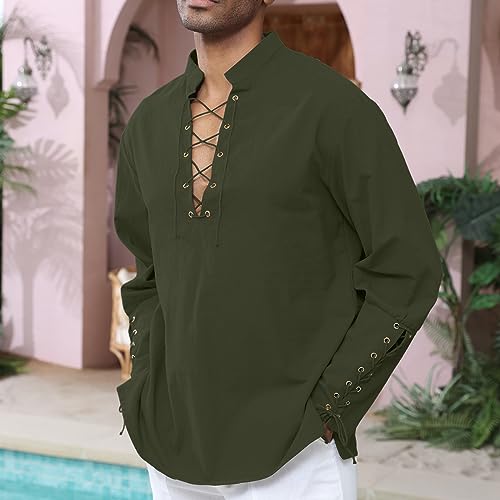 Image of CTU Men's Cotton Shirt Pirate Shirt Medieval Viking Renaissance Costume | V-Neck,Drawstring Collar,Linen Tunic,Ren Faire,Plus Size,Goth,Big and Tall,Halloween