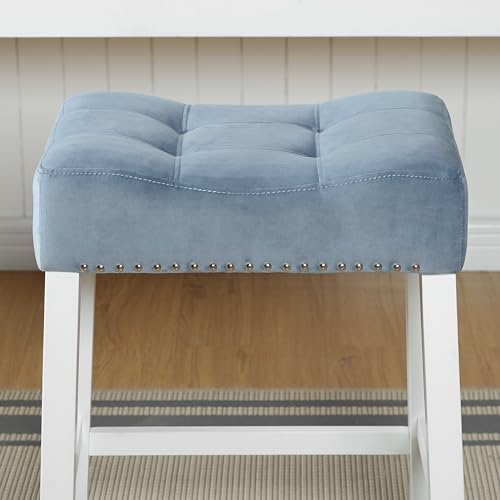 Roundhill Furniture Morovo Set of 2 Velvet Counter Height Stools with Tufted Saddle Seats, White-Wash Finish, Blue by Roundhill Furniture - Image 2