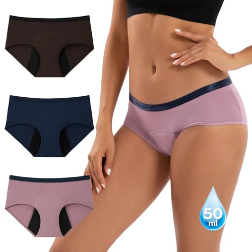 INNERSY Period Knickers Heavy Flow Bamboo Sanitary Pants for Menstruation Microfibre Briefs 3 Pack (18, Navy Blue/Brown/Pinkish Purple)