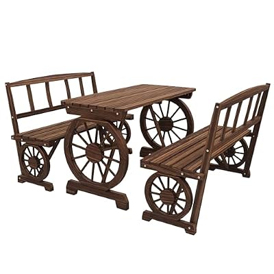 Calivox Patio Dining Set, Carbonized Outdoor Table and Chairs for 4 People with Wagon Wheel Design, Garden Bistro Furniture Set for Backyard Patio Porch Deck Dining Area
