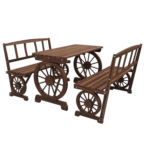 Outsunny Outdoor Table and Chairs for 4 People, Wooden Patio Table and Dining Bench Set, 3 Piece All Weather Furniture Set with Wagon Wheel Design for Backyard Garden, Deck, Carbonized