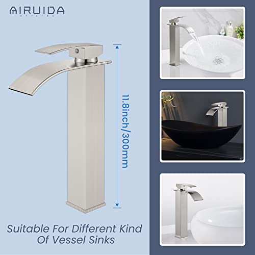 Airuida Vessel Sink Faucet Brushed Nickel, Tall Waterfall Bathroom Single Handle Single Hole, Deck Mount Mixer Tap With Large Rectangular Vessel Faucet Lavatory Vanity #TOP7
